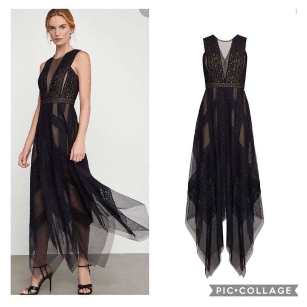 BCBG MAXAZRIA Andi Asymmetric Lace & Tulle Maxi Dress Black and nude sexy prom - Picture 6 of 13